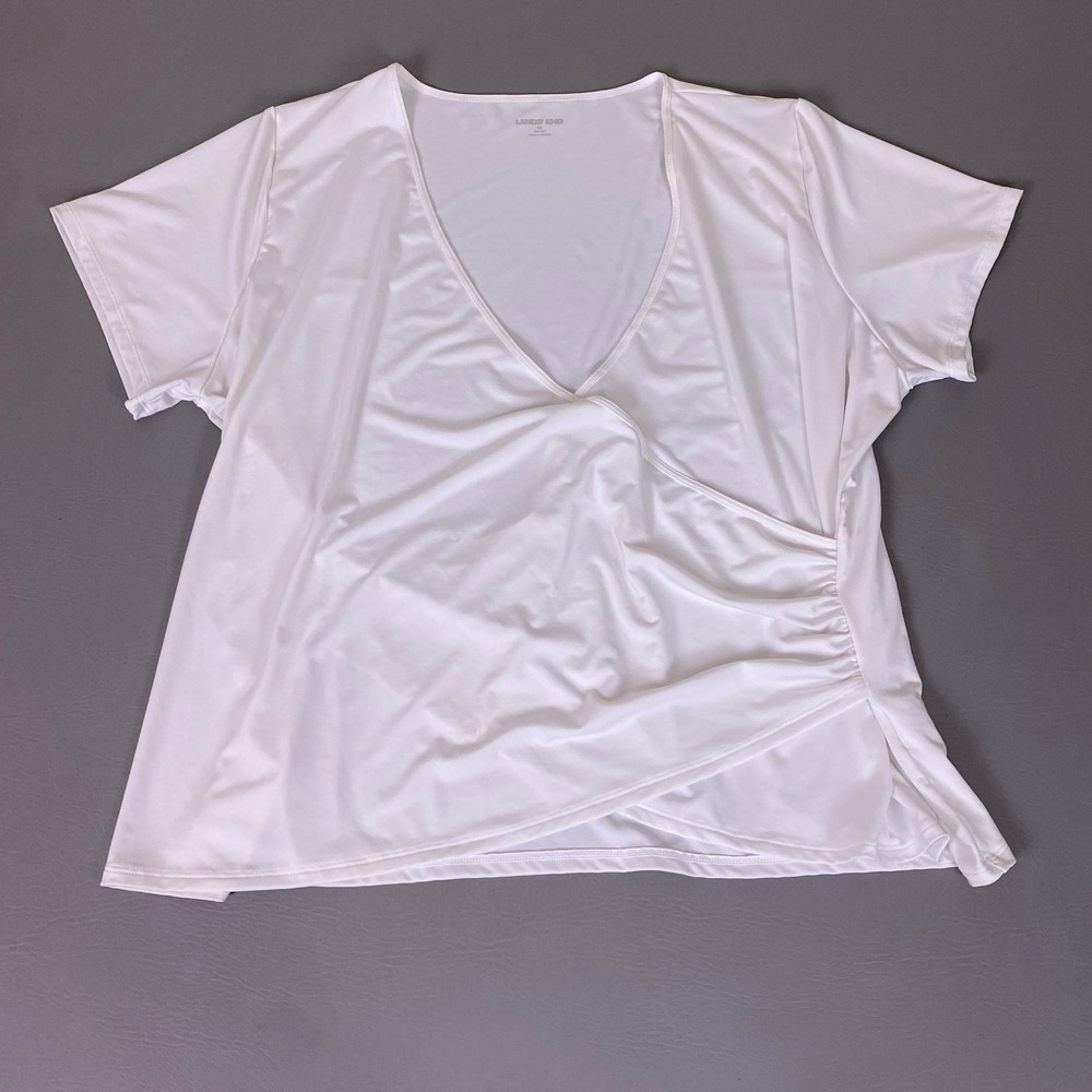 Lands End T-Shirt Women's‎ 1X White V-Neck Short Sleeve Stretch Swim Cover Up